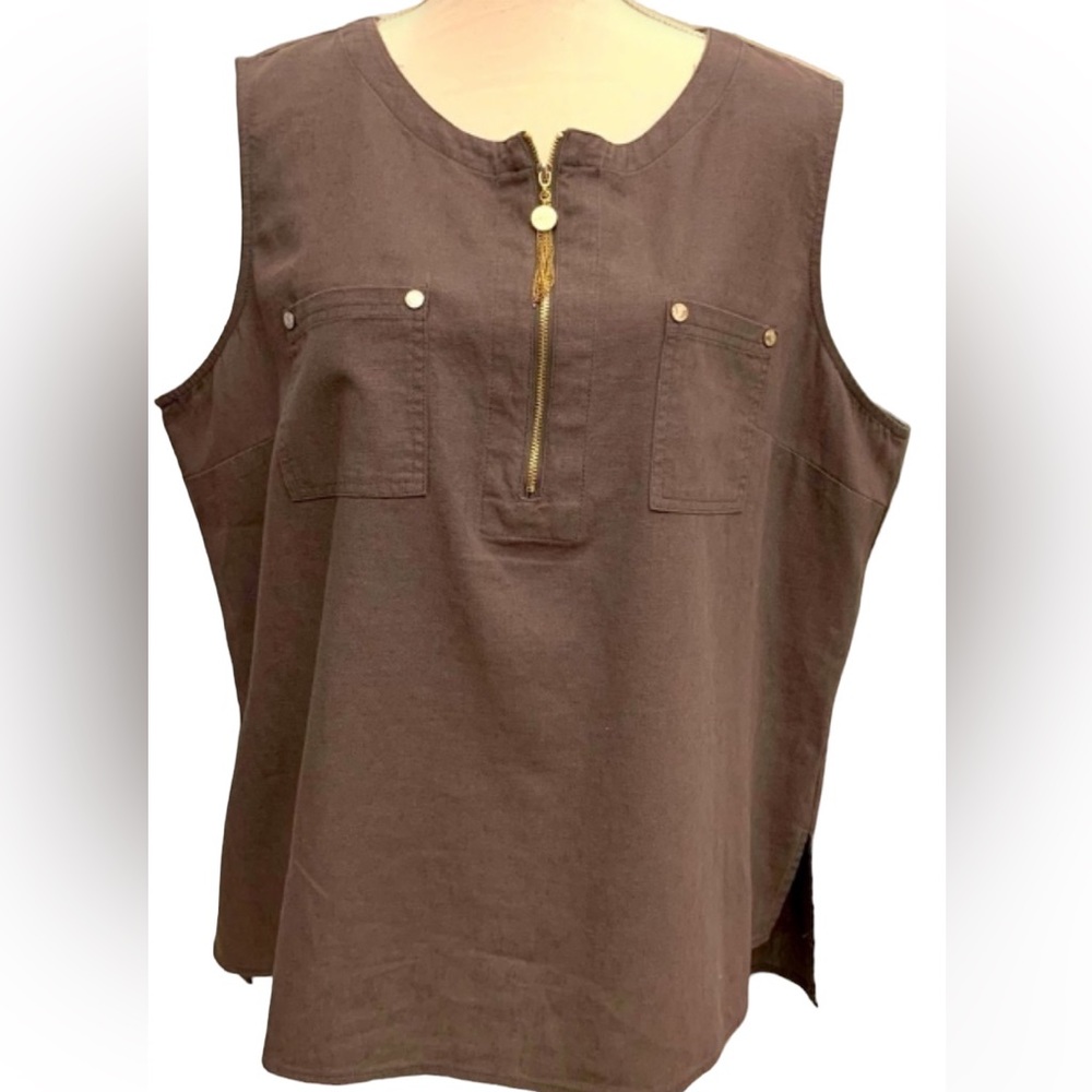 Anne Klein Linen Blend Cool Gold Zipper Pull Sleeveless XL Top